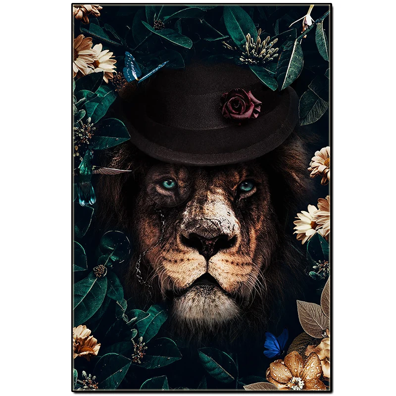 

Canvas Painting wall art Lion poster Tiger Elephant Elk Orangutan Animal in flowers picture Modern Classical Decorative Painting