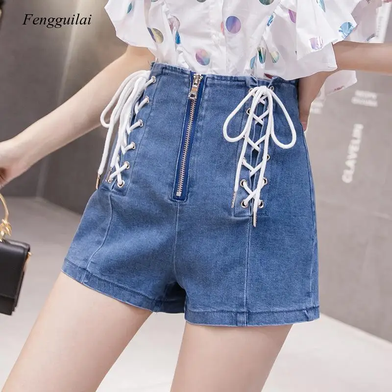 2021 Summer New Korean Denim Shorts High Waist Wide Leg Stretch Fashion Drawstring Zipper