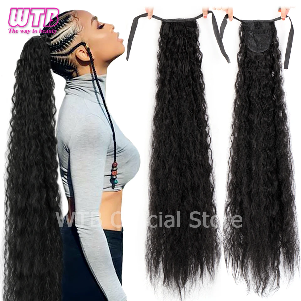 WTB Synthetic Long Corn Wavy Ponytail Natural Drawstring Ribbon Fake Hair Black Pony Tail Clip In Extensions Women Hairpieces