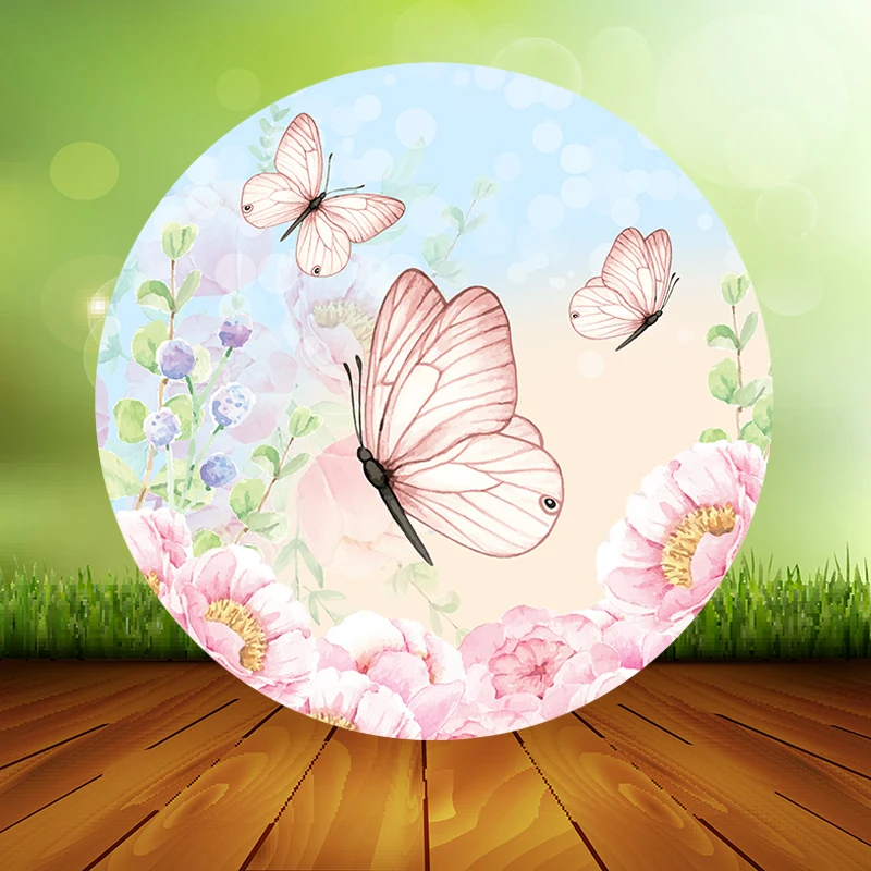 Pink Spring Garden Butterfly Flower Circle Backdrop Baby Shower Birthday Party Decor Candy Table Cylinder Cover Round Background