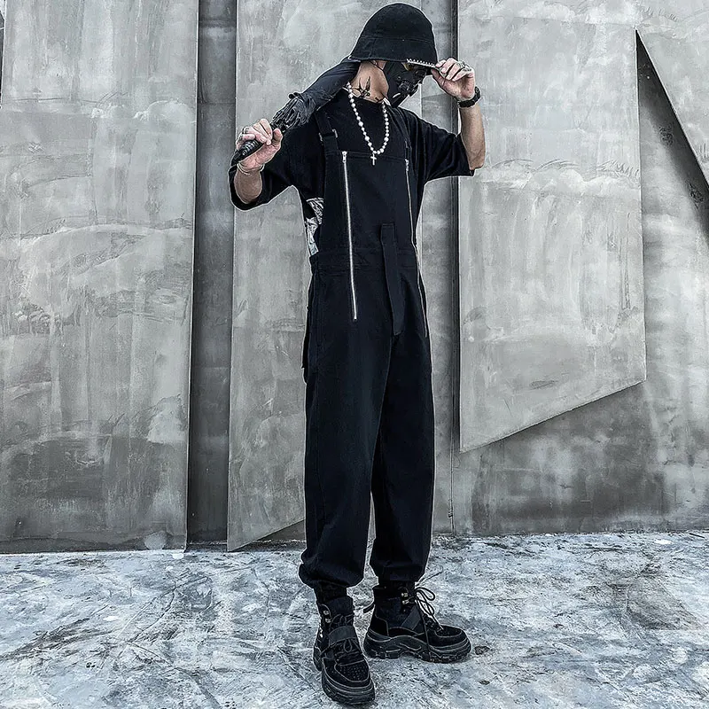 2021 Summer Overalls Men Woman Bib Jumpsuits Multi-Pocket Zipper Tie Feet Cool Street Hip Hop Coverall Pants Black Trousers