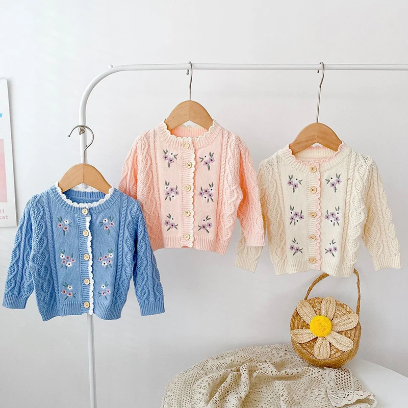 2021 Sweet Kids Girls Floral Embroidered Crochet Sweater Cardigans Jackets Candy Pink Beige Blue Color Spring Autumn Outwears