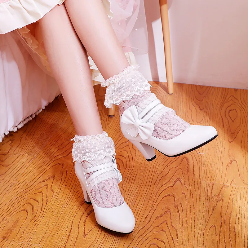 YQBTDL Summer 2024 Lace Ruffles Bowtie Party Wedding Bride White Pink Lolita Shoes Hook Mary Jane Block High Heel Shoes Pumps 42