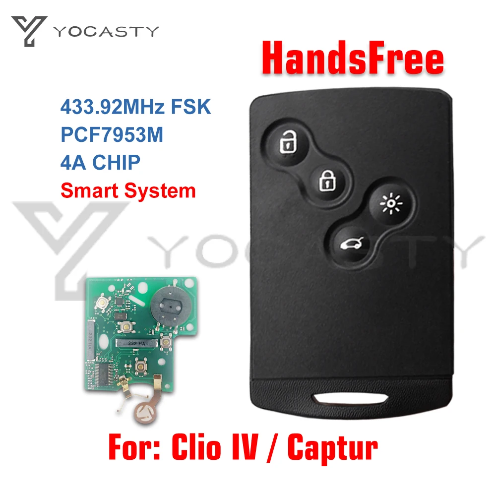 YOCASTY 4 Buttons 433MHz PCF7953 Passive Keyless Go Entry Remote Car Key Smart System For 2009 - 2015 Clio IV 2013 - 2017 Captur