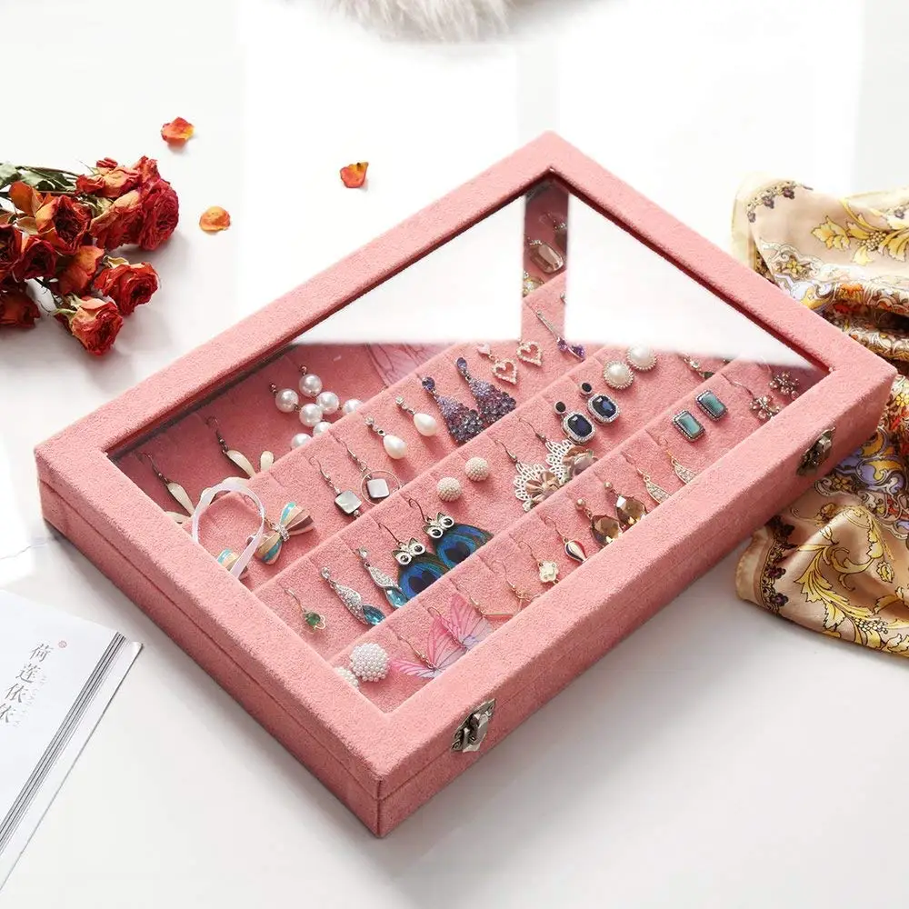 33 Pairs Earring Holder Clear Lid Earring Holder Organizer Velvet Jewelry Tray Display Case Storage Box Stud With Lock-Pink