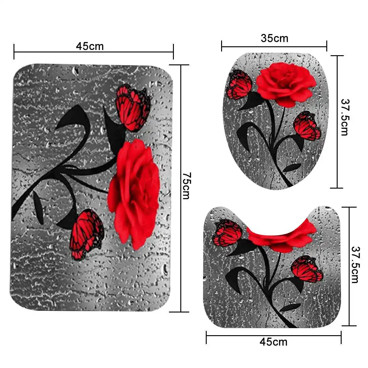 Juego de alfombrillas antideslizantes para baño, juego de cortina de ducha resistente al agua, alfombra de Pedestal, tapa de inodoro, alfombras, rosa y mariposa roja