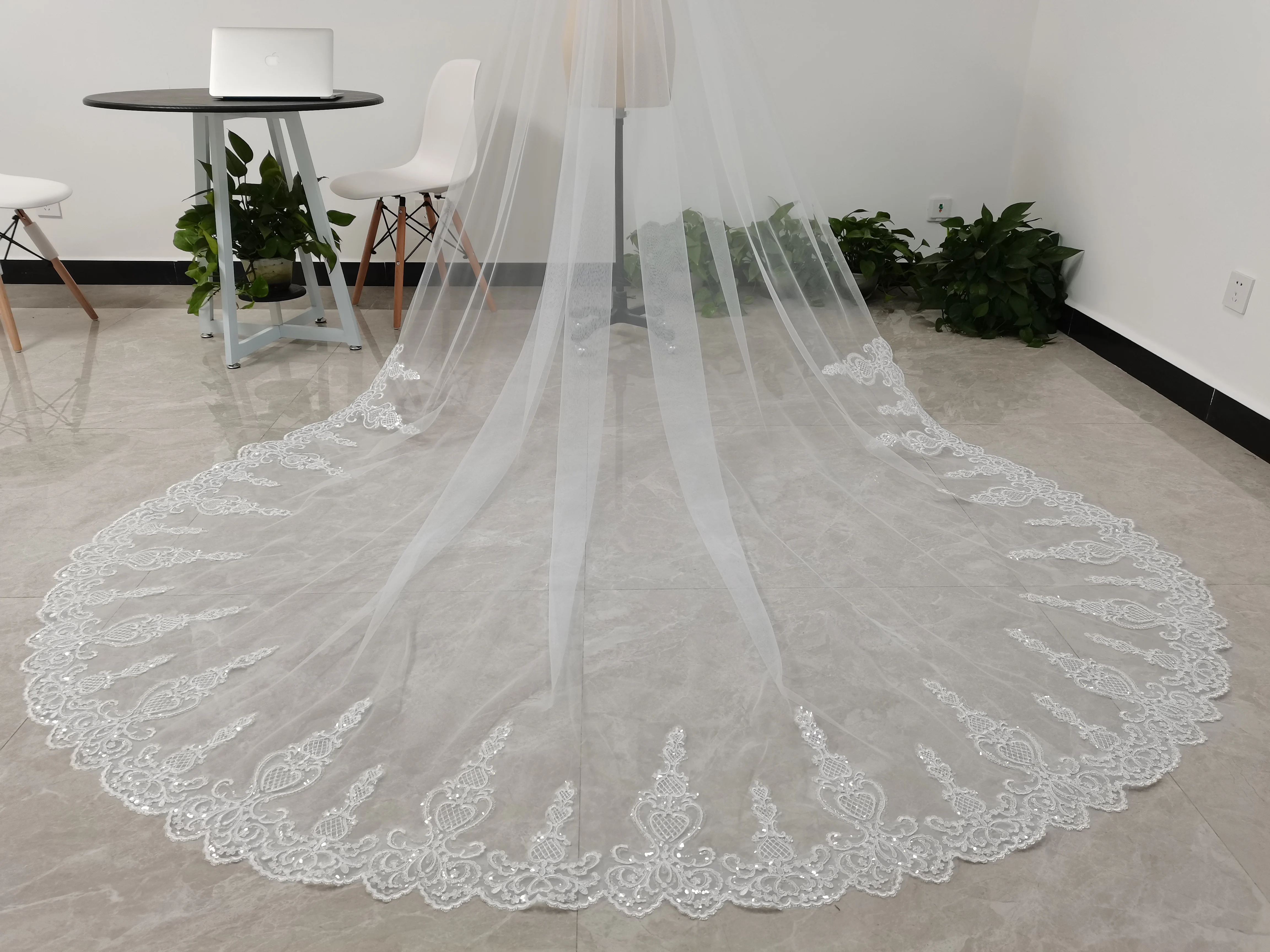 3M Kathedrale Länge Hochzeit Schleier Weiß/Elfenbein Eine Schicht Schleier Spitze Pailletten Schleier Mit Kamm Braut Schleier