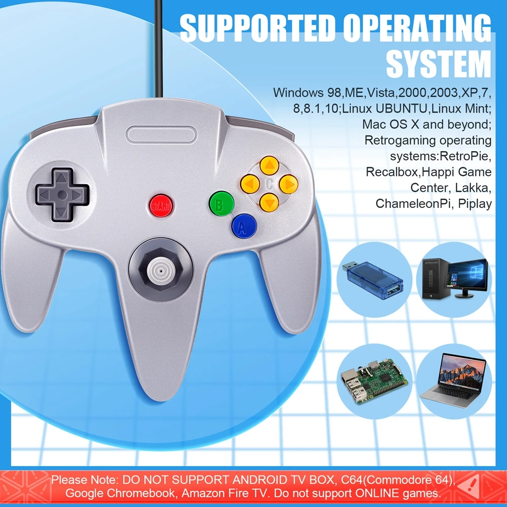 USB Retro Controllers for N64 Gaming,PC Classic N64 Game Pad Joypad for Windows 10 8 7 PC MAC Raspberry Pi 4 3