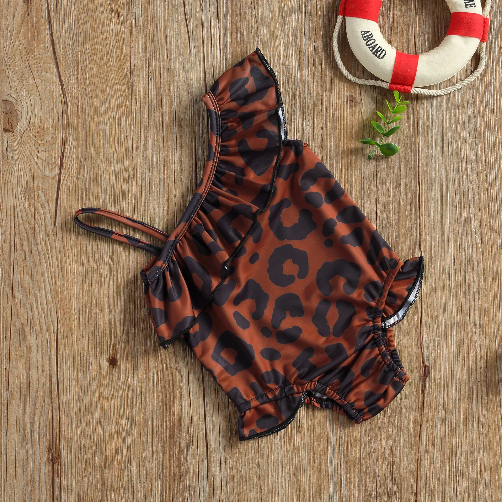 2021 New Toddler Baby Girls One-Piece Leopard Swimsuits Spaghetti Strap Oblique Shoulder Ruffle Trim Bodysuit Swimwear