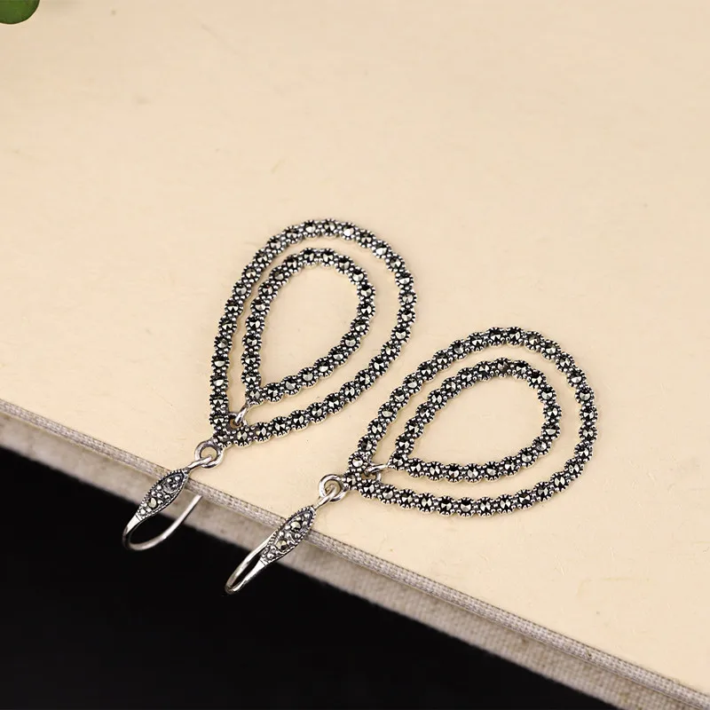 

Уродливые двойные серьги-капли для женщин, винтажные висячие серьги из марказита, серебро 925, полые экзотические серьги Brincos Bijoux E1715