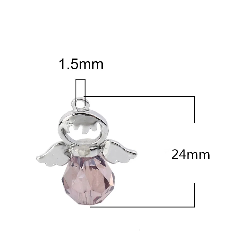 Doreen Box New Metal Glass Charms Fairy Silver Color Pink Faceted Fashion Pendants Handmade DIY Making Necklace Jewelry,5PCs