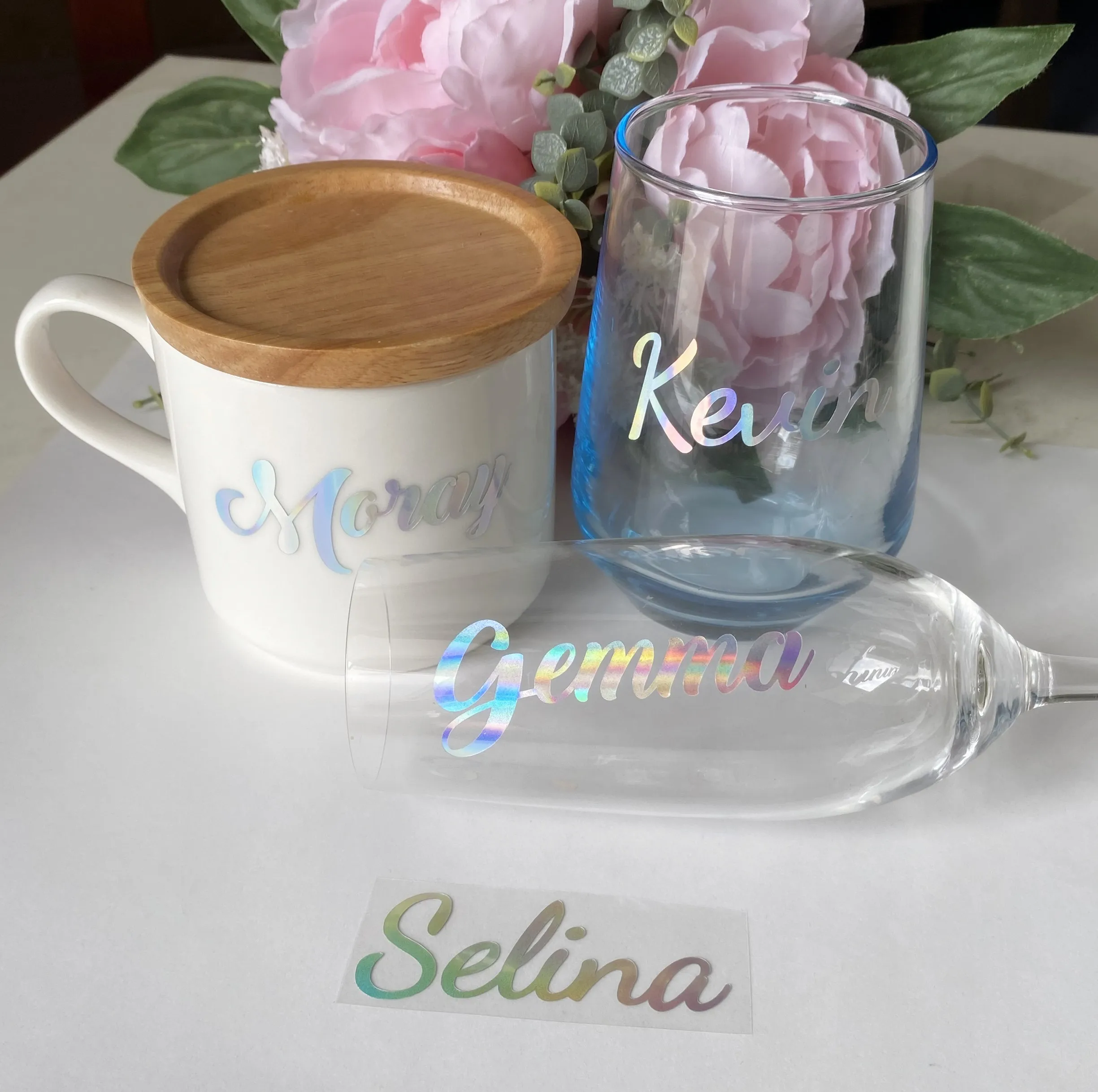 Holographic Name Decal Custom Vinyl Decal Yeti Name Decal Iridescent Decal Tumbler Waterproof Champagne Galss name stickers