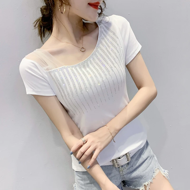 Chic Rhinestones Diamante Summer T Shirt Women Casual Tee Shirts O-neck Short Sleeve Tshirt Fashion Ladies Clothings T07806B