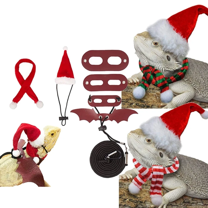 Bearded Dragon Christmas Hat & Scarf Leash and Harness from Baby to Juvenile Leather Walking Leash L 3 Pack