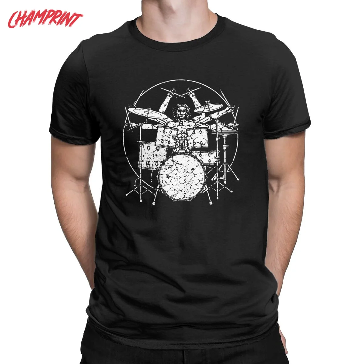 Vitruvian Man Plays The Drums Da Vinci T-Shirt Men Humor Pure Cotton Tees Round Neck Short Sleeve T Shirt Gift Idea Clothes