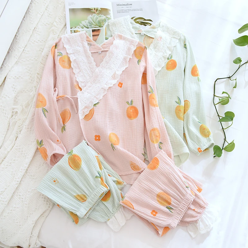 Pregnant Woman Loose Comfortable Soft Pajamas Set Summer Breathable Cotton Japanese Style Kimono Cardigan Pajama Home Sleepwear