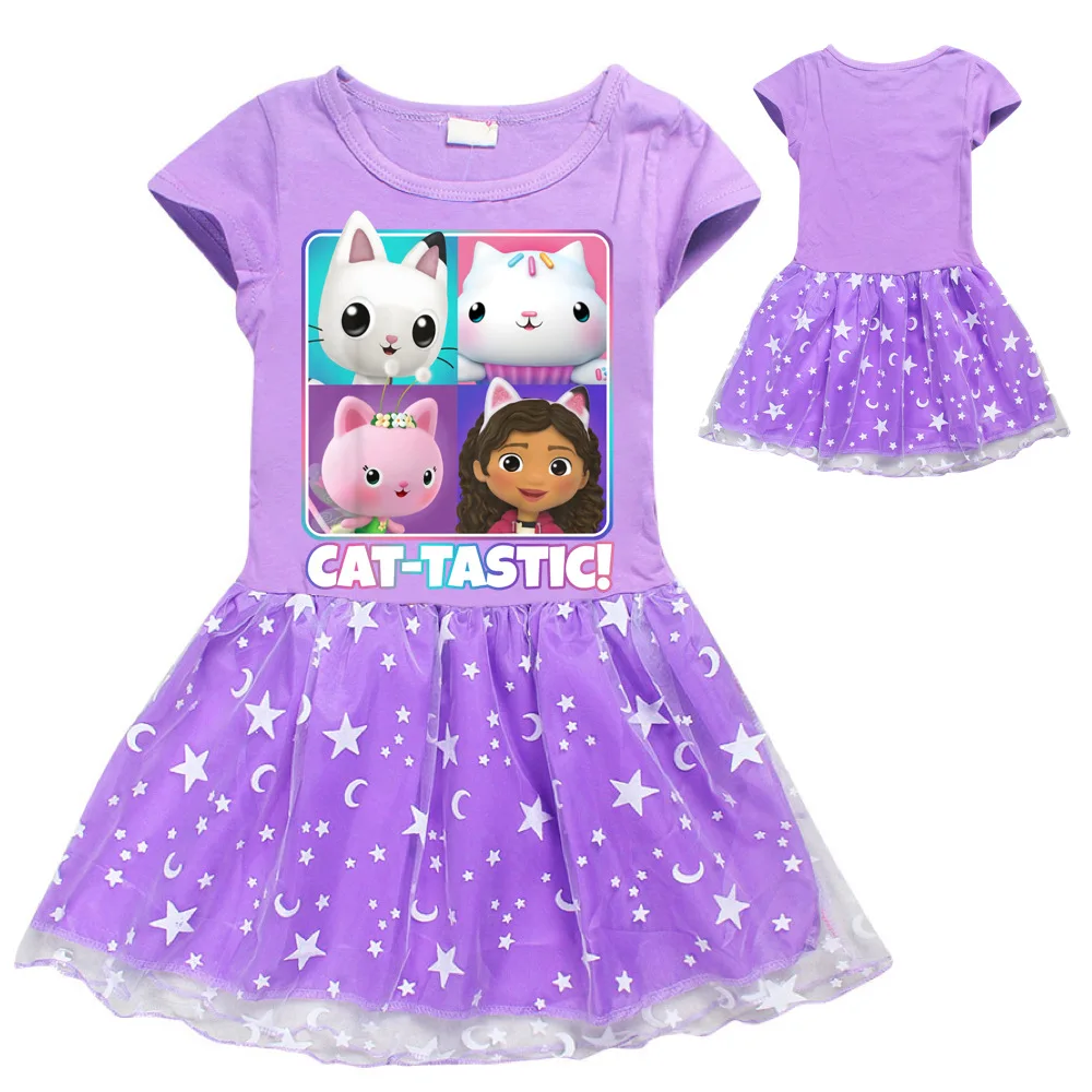 Gabby Cats 2021 Summer Kids Dresses for Girls Short Sleeve T-shirt Dress Baby Children Birthday Clothing Cartoon Tastic Outfits