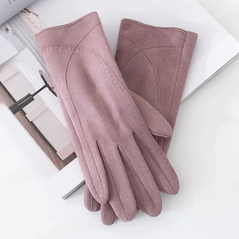 Fashion Style Plus Velvet Thicken Women Winter Keep Warm Touch Screen Suede Gloves Drive Cycling Personality Mittens