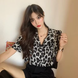 Vintage Leopard Print Crop Tops Women Sexy V-neck Blouse Shirt Korean Fashion Summer Coat