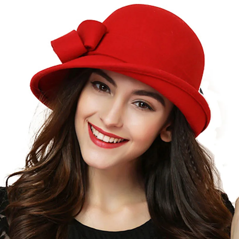 FS eleganckie Bowknot damskie wełniane melonik filcowy czarne czerwone kapelusze Fedora dla kobiet szerokie rondo Vintage Floppy Winter Church Cloche kapelusze — zdjęcie 2