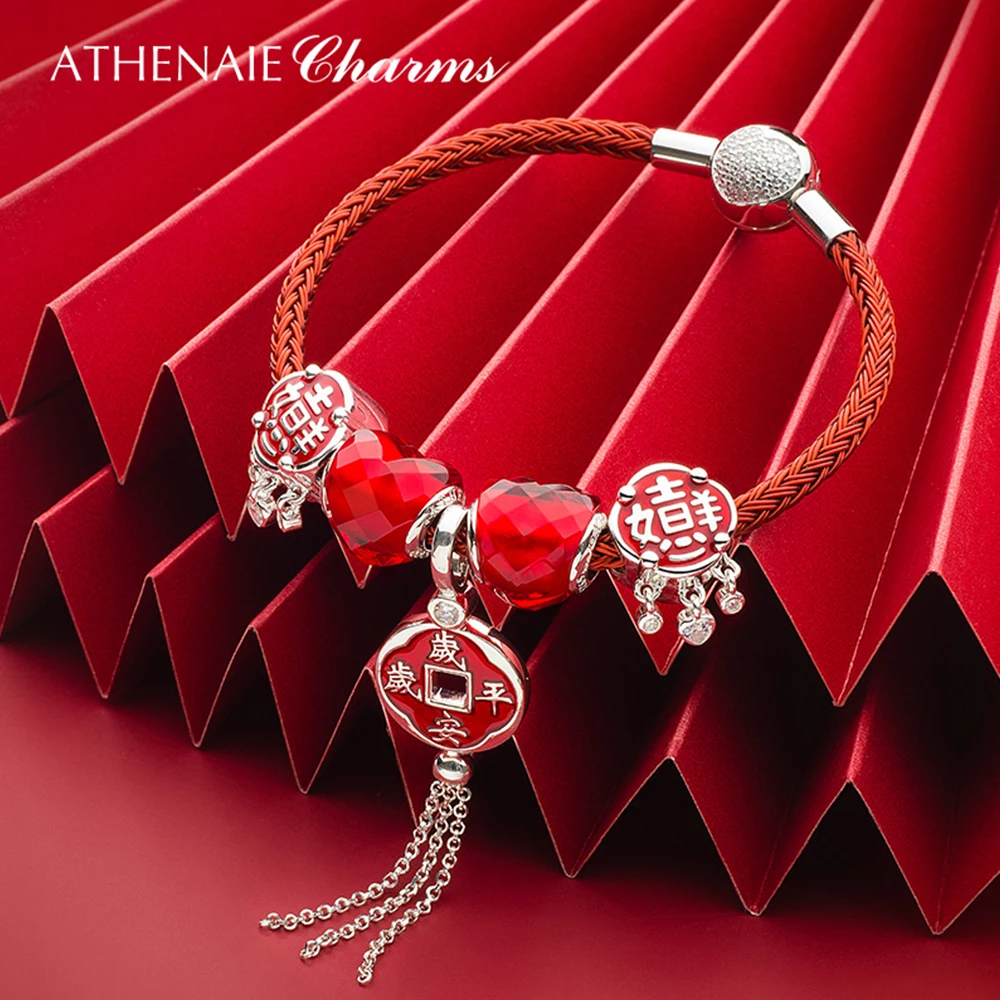ATHENAIE 925 Sterling Silver Red Enamel CZ Chinese Peaceful Always Tassel Dangle Charms Bracelet