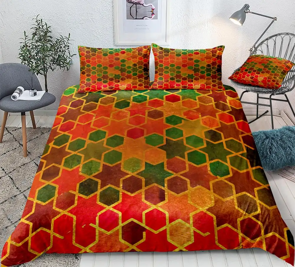 

3pcs Watercolor Geometric Duvet Cover Set Colorful Mosaic Bedding Kids Boys Girls Microfiber Bedding Queen Bed Set Red Dropship