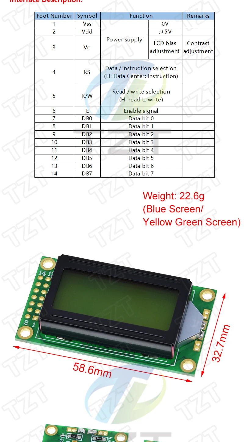 TZT 1/3PCS 8 x 2 LCD-Modul 0802 Zeichenanzeige Blau / Gelbgrün für Arduino – Detail 2