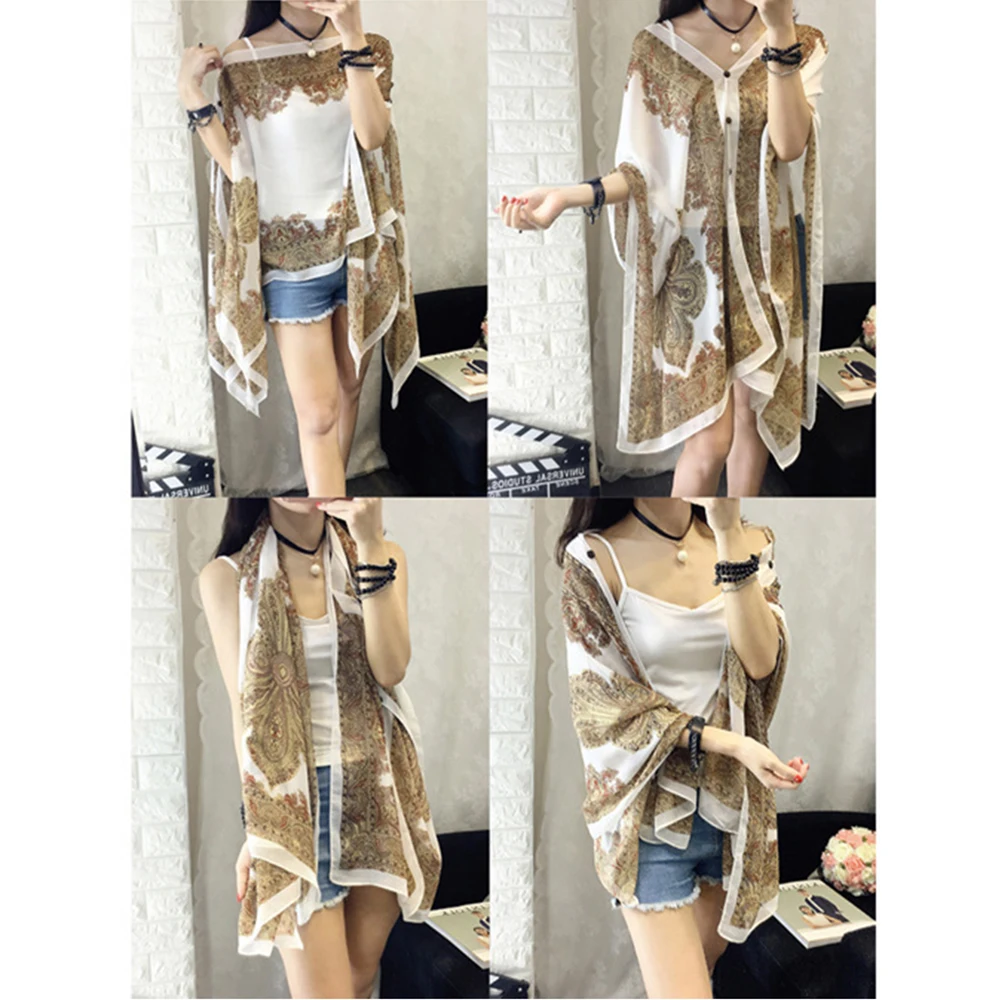 Sun protection clothing women\'s long thin coat long-sleeved chiffon shirt Women Shawl Poncho Printed Sunscreen Bikini Cover