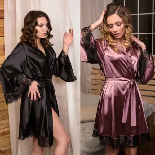 Vêtements de nuit sexy en dentelle pour femmes, longue robe kimono de mariée, en satin