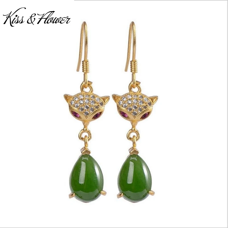 

KISS&FLOWER ER280 Fine Jewelry Wholesale Fashion Woman Bride Girl Mother Birthday Wedding Gift Fox Jade 24KT Gold Drop Earring