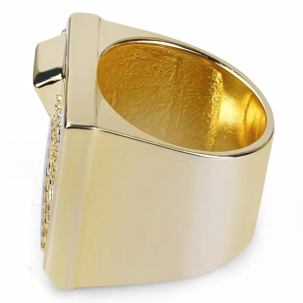 GUCY New Arrival Hip Hop Fashion Gold Color Plated Micro Pave Cubic Zircon Ring Full Iced Out Bling Rock Jewelry For Men