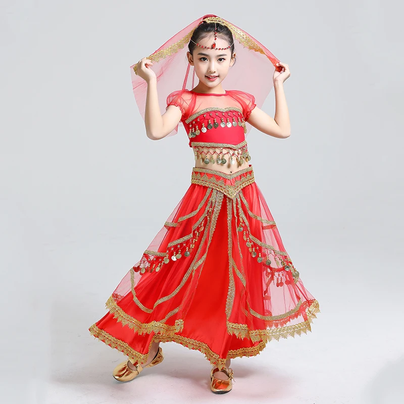 New Children Bollywood Dance Costume Set Belly Dance Indian Sari Girls Top Headwear Veil Belt Skirt Coin Stage Performance