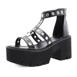 Black Punk Gothic Platform Sandals Open Toe Buckle Strappy Summer Shoes Sexy Rivets Thick Heels Footwear Gladiator Sandals Women