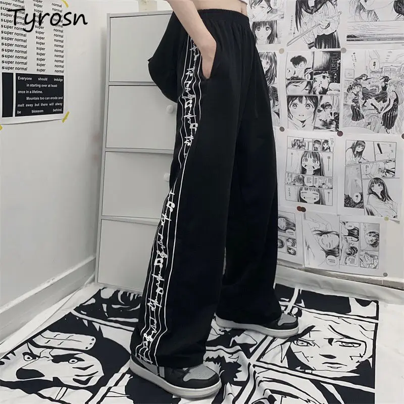 Casual Pants Women Design Note-print Retro Running Trousers Teens Harajuku Streetwear Stylish Elastic Waist Wide Leg Pant Jogger