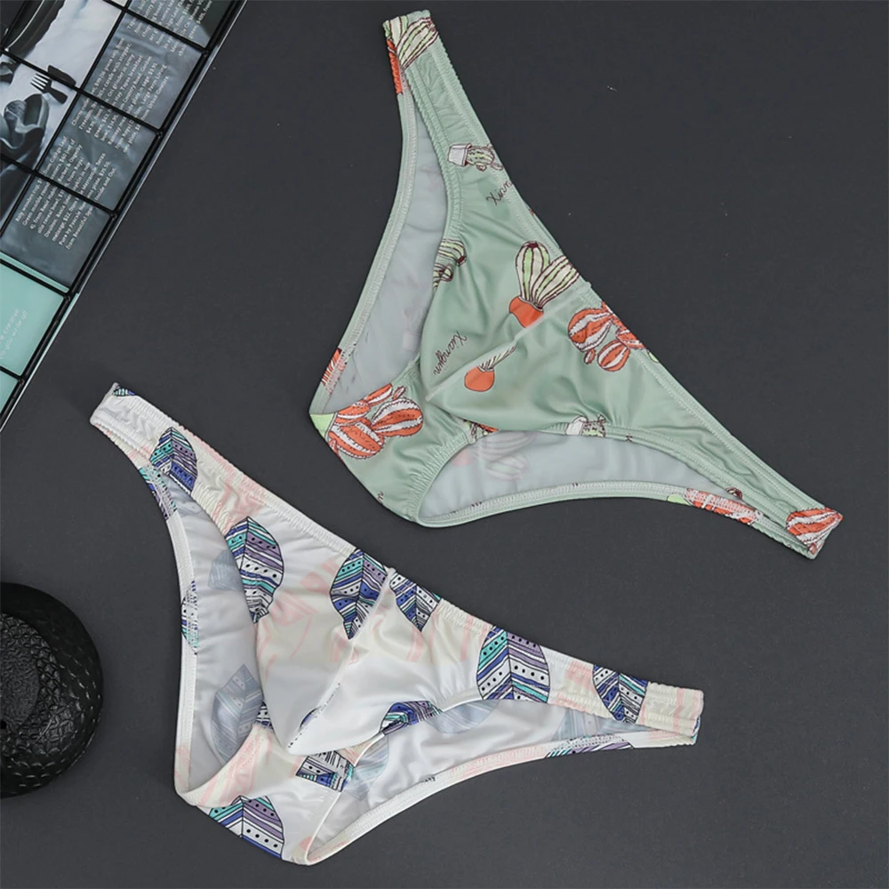 Men Sexy Low Waist Print Breathable Briefs Smooth Breathable Elastic Ice Silk Underpants Men\'s Intimate Underwear Sissy Panties