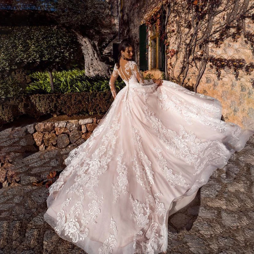 Vestido de novia de línea A Rosa de lujo para mujer, cuello en V, apliques de encaje, ilusión, manga larga, vestido de novia de talla grande