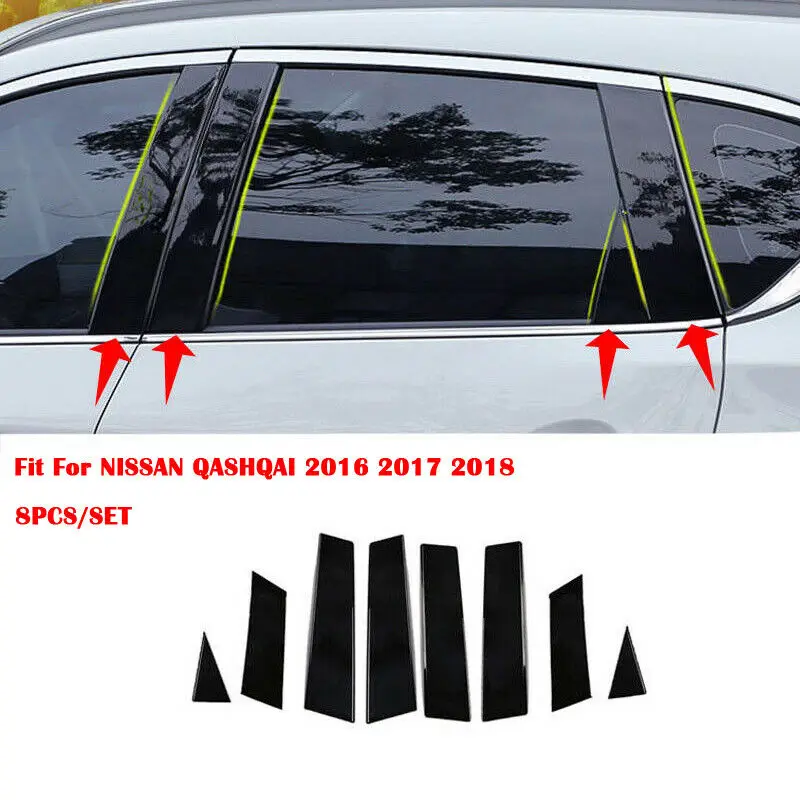 8pcs/Set Black Mirror Effect Car Window Pillar Posts Cover Trim For Nissan Qashqai 2016-2018 jfs Middle BC Column Sticker