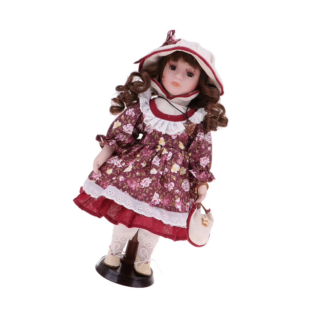 30cm Lovely Porcelain Girl Doll People Figure With Floral Dress Hat Set Gift