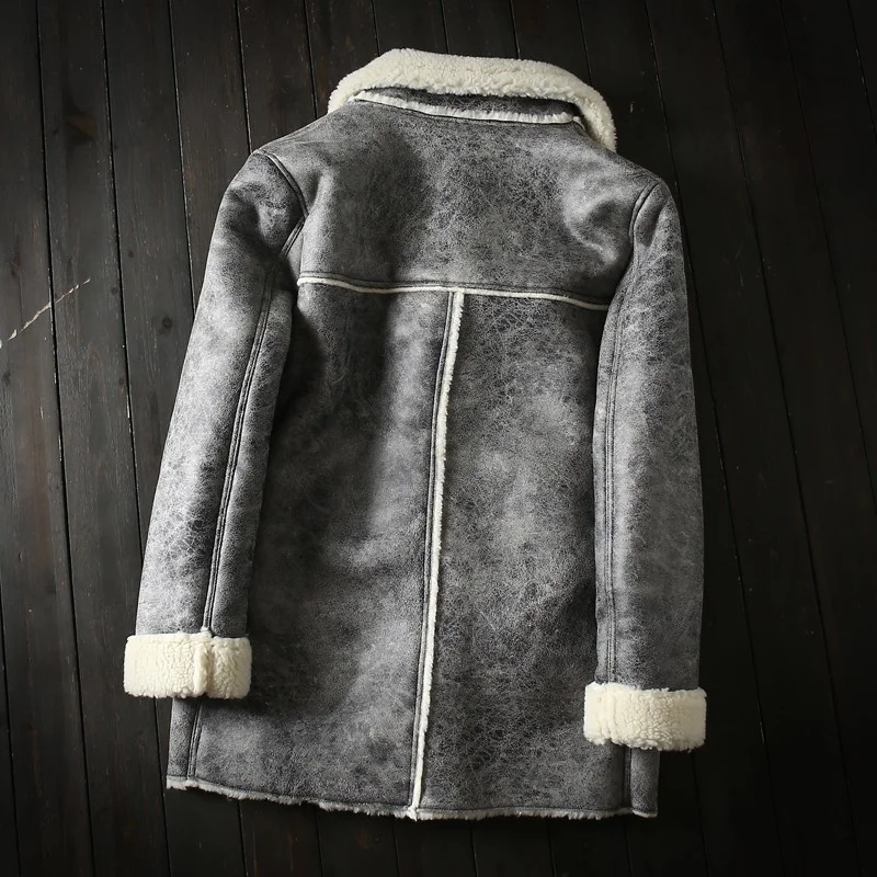 Thicken Winter Lamb Wool Liner Mens Overcoat Business Warm Single Breasted Middle Length Faux Leather Jacket Male Casual Coat