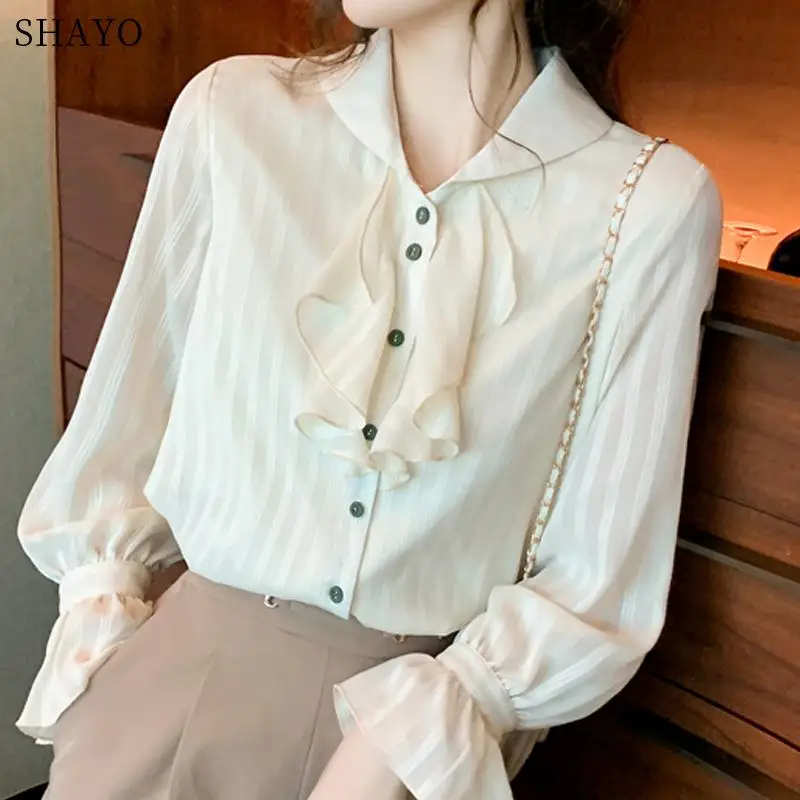 

Long Sleeve Ruffles Striped Chiffon Sweet Blouse Shirt Women Tops Blouse Women Blusas Mujer De Moda 2021 V-Neck Women Blouses