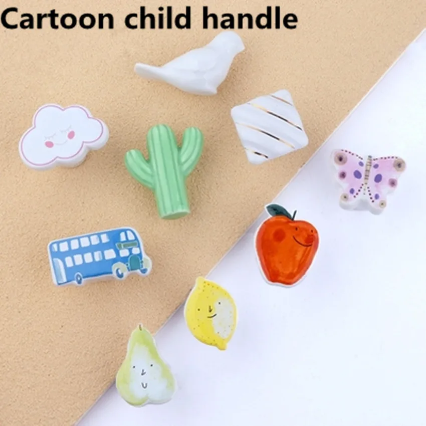 Fashionable cute cartoon Ceramic fruit animal drawer shoe cabinet childroom furniture kid,s knob cupboard dresser color handle