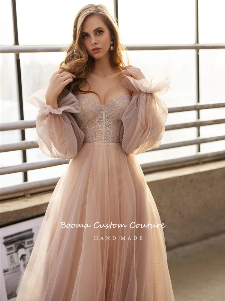 Dusty Pink Prom Dresses Off Shoulder Long Sleeves Princess Party Dresses Pleated Tulle A-Line Formal Evening Gown Customized