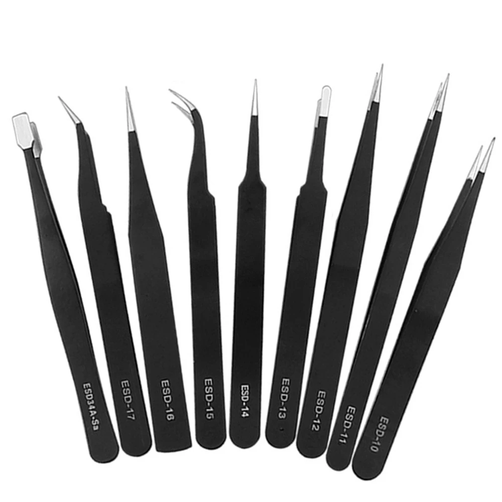 Juego de pinzas industriales ESD antiestáticas de acero inoxidable, Kit de pinzas de Punta curva, reparación electrónica, herramientas manuales de mantenimiento DIY