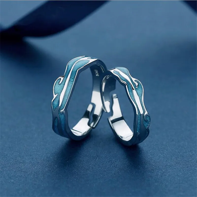 Couple's Water Wave Opening 925 Sterling Silver Rings