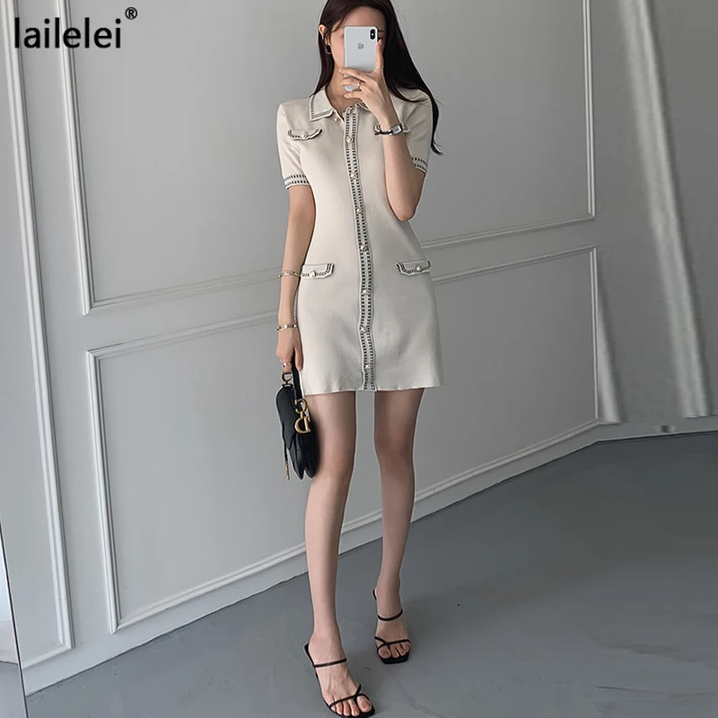 Turn-down Collar Knitted button mini dress sexy summer 2021 short Sleeve robe dresses vintage Sheath  jurk women