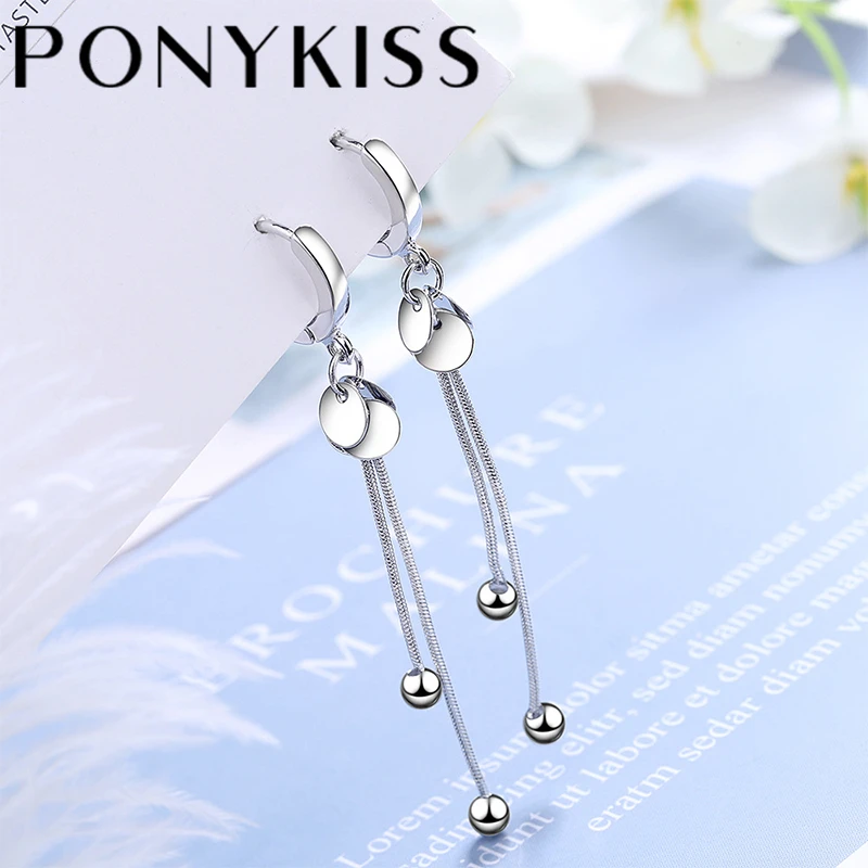 PONYKISS Trendy 925 Sterling Silver Round Sequins Tassel Zircon Chain Hoop Earrings Buckle for Women Fine Jewelry Drop Shipping