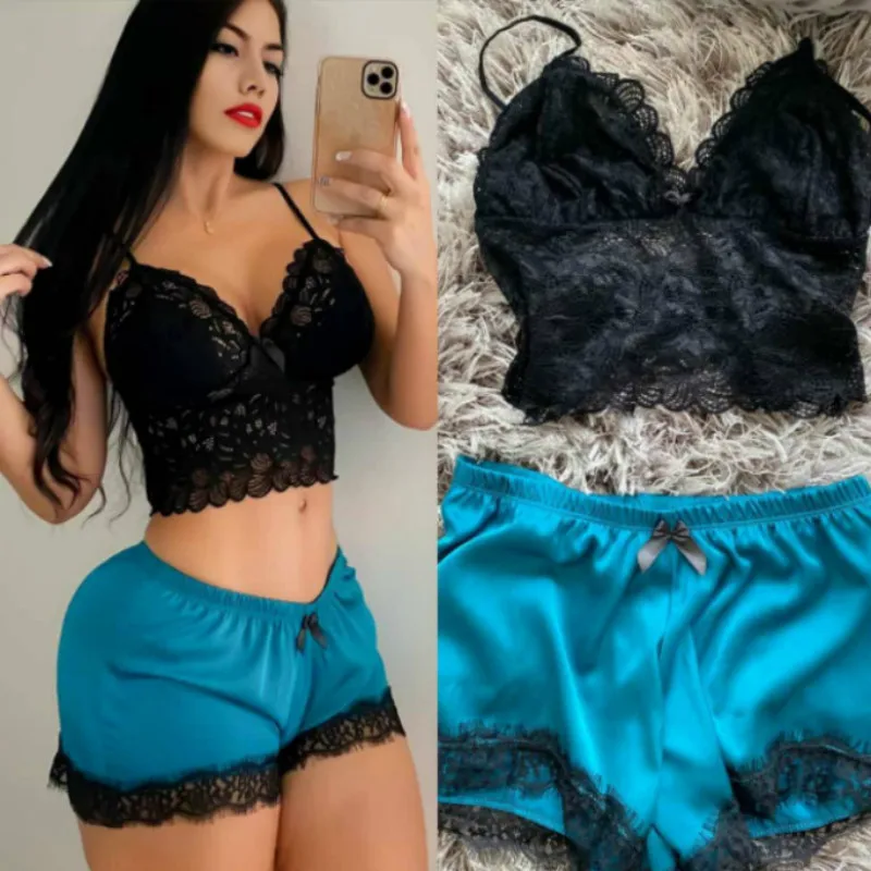 Women Pajamas Set Two Pieces Set Lace ice silk camisole Summer top sexy Sleeveless Loose Elastic Waist Shorts Women Homewear NEW