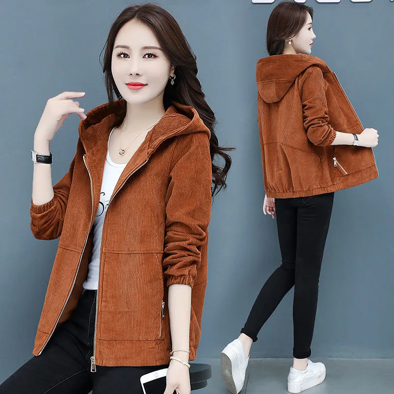 2022 New Women Corduroy Jackets Spring Autumn Solid Color Loose Outwaer Female Casual Middle-aged mother Hooded Overcoats R811