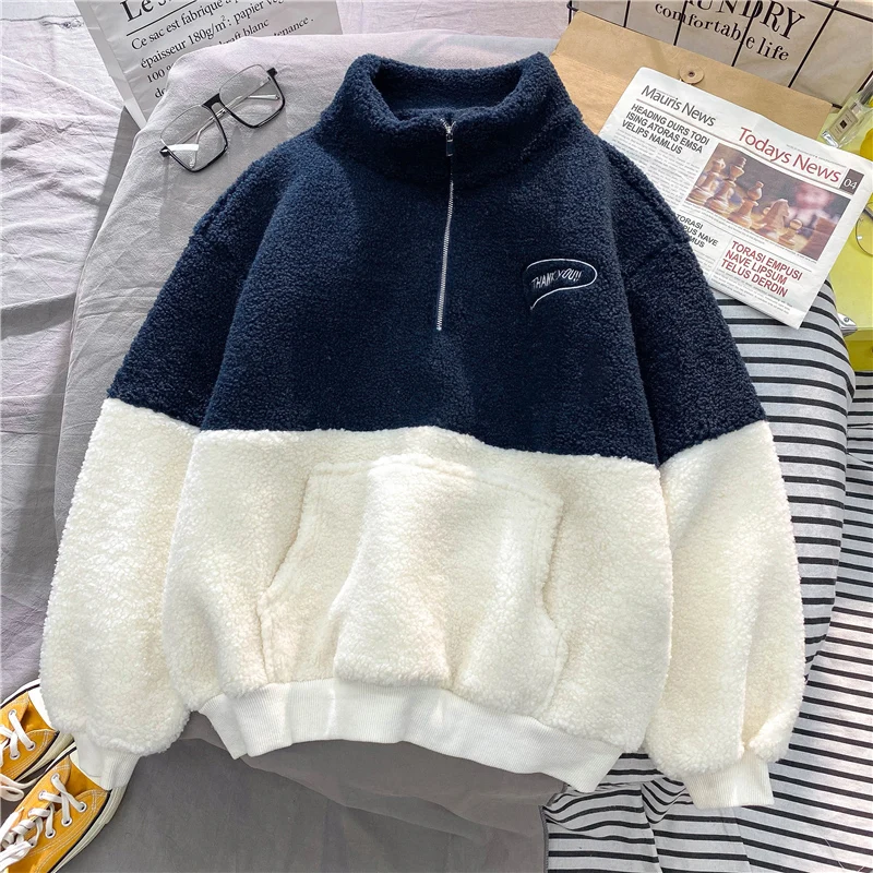 Women Stand Collar Hoodies Popular Soft Lambswool Patchwork Fashion Loose Casual Chic All-match Ulzzang Streetwear Warm Cozy