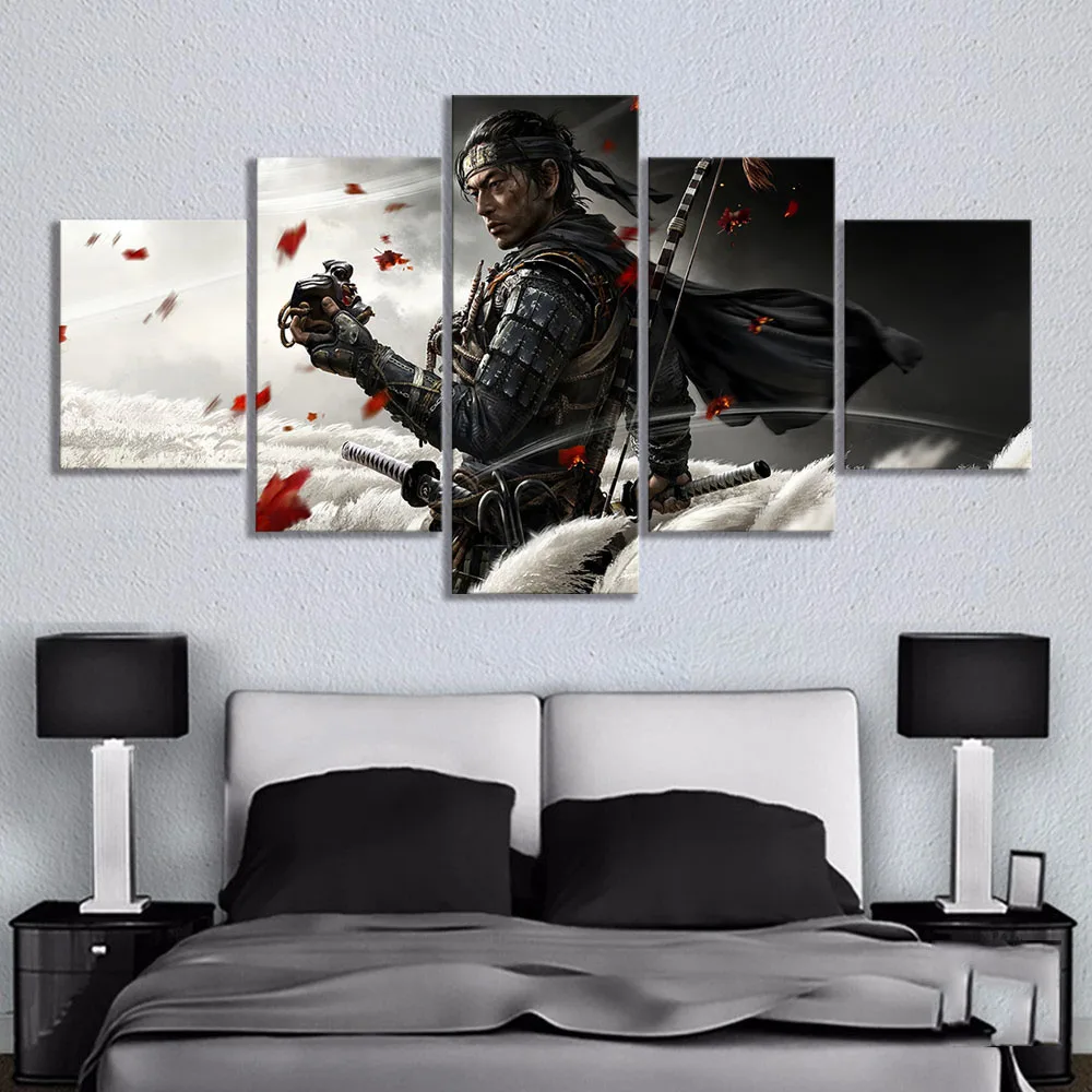 5pcs Game Ghost of Tsushima Samurai Posters Wall Art Room Decor Pictures Gamer Canvas Paintings For Teen Living Room Decoration